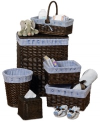 Big ideas for your little one! This comprehensive set brings order into the nursery and makes taking care of baby a whole lot easier. Including everything from storage baskets to a waste basket to a hamper, this set features removable and washable gingham liners with matching embroidered letters & numbers, so learning is part of the order every time. Big ideas for your little one! This comprehensive set brings order into the nursery and makes taking care of baby a whole lot easier. Including everything from storage baskets to a waste basket to a hamper, this set features removable and washable gingham liners with matching embroidered letters & numbers, so learning is part of the order every time.