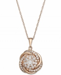 Swirls of pave-set perfection adorn Wrapped in Love's™ stunning knot pendant. Crafted in 14k rose gold with an array of round-cut diamonds (3/4 ct. t.w.). Approximate length: 18 inches. Approximate drop: 1/2 inch. Swirls of pave-set perfection adorn Wrapped in Love's™ stunning knot pendant. Crafted in 14k rose gold with an array of round-cut diamonds (3/4 ct. t.w.). Approximate length: 18 inches. Approximate drop: 1/2 inch.