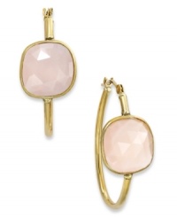 A touch of color livens any look. These stunning 10k gold hoop earrings feature square-cut pink chalcedony stones (5-1/5 ct. t.w.). Approximate drop: 1 inch. A touch of color livens any look. These stunning 10k gold hoop earrings feature square-cut pink chalcedony stones (5-1/5 ct. t.w.). Approximate drop: 1 inch.