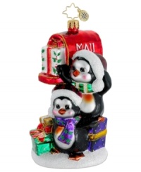 Special delivery! Two cute penguins post festive holiday packages from (way) down south in this adorable Christmas ornament from Christopher Radko. Special delivery! Two cute penguins post festive holiday packages from (way) down south in this adorable Christmas ornament from Christopher Radko.
