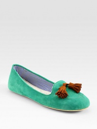 Inimitable suede style with tassel laces and comfortable cotton-blend lining. Suede upperLeather and cotton-blend liningRubber soleImportedOUR FIT MODEL RECOMMENDS ordering one half size up as this style runs small. Inimitable suede style with tassel laces and comfortable cotton-blend lining. Suede upperLeather and cotton-blend liningRubber soleImportedOUR FIT MODEL RECOMMENDS ordering one half size up as this style runs small.
