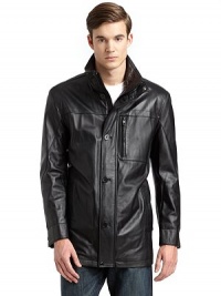 THE LOOKStand collar with snap closureConcealed zip front with button closureLong sleeves with snap cuffsZippered chest pocketFront slash pocketsInterior zip and slash pocketsTHE MATERIALLeatherFully linedShell: PolyesterFill: PolyesterSleeve lining: NylonCARE & ORIGINDry clean by leather specialistImported THE LOOKStand collar with snap closureConcealed zip front with button closureLong sleeves with snap cuffsZippered chest pocketFront slash pocketsInterior zip and slash pocketsTHE MATERIALLeatherFully linedShell: PolyesterFill: PolyesterSleeve lining: NylonCARE & ORIGINDry clean by leather specialistImported