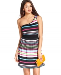 Commit to style that pops! Stripes rule on a totally colorful, one-shoulder dress day dress from BeBop. Commit to style that pops! Stripes rule on a totally colorful, one-shoulder dress day dress from BeBop.