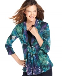 Snag two looks for one great price with Elementz' layered look petite top, including a printed cardigan and solid shell. Snag two looks for one great price with Elementz' layered look petite top, including a printed cardigan and solid shell.