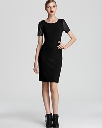 Supple leather sleeves and side stripes bring modern edge to this tough-chic Theory dress that moves from desk to dinner with ease. Supple leather sleeves and side stripes bring modern edge to this tough-chic Theory dress that moves from desk to dinner with ease.