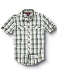 This short-sleeved, plaid, button-down Quiksilver shirt can be paired with khakis or jeans for a crisp, put-together style. This short-sleeved, plaid, button-down Quiksilver shirt can be paired with khakis or jeans for a crisp, put-together style.