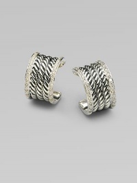 From the Wheaton Collection. Arcs of twisted sterling silver cable, elegantly edged in diamonds. Diamonds, 0.36 tcw Sterling silver Diameter, about ½ Post back Made in USA From the Wheaton Collection. Arcs of twisted sterling silver cable, elegantly edged in diamonds. Diamonds, 0.36 tcw Sterling silver Diameter, about ½ Post back Made in USA
