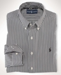Crisp, clean lines lend modern refinement to a long-sleeved sport shirt, crafted from lightweight cotton poplin in a trim, modern fit. Crisp, clean lines lend modern refinement to a long-sleeved sport shirt, crafted from lightweight cotton poplin in a trim, modern fit.