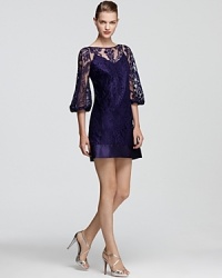 Patterned lace goes luxe with sumptuous satin trim. From Laundry by Shelli Segal. Patterned lace goes luxe with sumptuous satin trim. From Laundry by Shelli Segal.