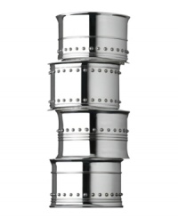 A modern take on the classic napkin rings, these are distinguished by a raised dot pattern and ribbed detailing. A modern take on the classic napkin rings, these are distinguished by a raised dot pattern and ribbed detailing.