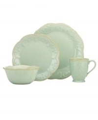 With fanciful beading and feminine shapes, Lenox French Perle place settings have an irresistibly old-fashioned sensibility. Hard-wearing stoneware is dishwasher safe and, in an ethereal ice-blue hue with antiqued trim, a graceful addition to every meal. With fanciful beading and feminine shapes, Lenox French Perle place settings have an irresistibly old-fashioned sensibility. Hard-wearing stoneware is dishwasher safe and, in an ethereal ice-blue hue with antiqued trim, a graceful addition to every meal.