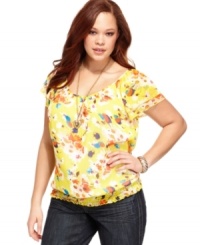 Go bold in Belle Du Jour's plus size peasant top! The brightly-colored floral print pairs perfectly with everything from jeans to your favorite skirt.