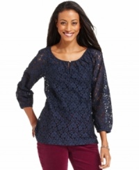 Charter Club makes lace perfect for every day with this smart petite peasant top. Pair it with a cami and colored jeans for a no-fuss ensemble. (Clearance)
