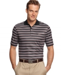 Bold horizontal golf shirt by Greg Norman for Tasso Elba has silhouettes of multi-circles on each stripe will make you a style standout and keep you dry with its unique wick away moisture fabric. Bold horizontal golf shirt by Greg Norman for Tasso Elba has silhouettes of multi-circles on each stripe will make you a style standout and keep you dry with its unique wick away moisture fabric.
