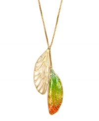 From highlights to fresh accessories, it's all about the ombre. A pretty palette of orange, yellow and green decorate this delicate wing necklace from RACHEL Rachel Roy. This two-tier pendant shines in gold-plated mixed metal and polished enamel. Approximate length: 26 inches + 2-inch extender. Approximate drop: 3 inches. From highlights to fresh accessories, it's all about the ombre. A pretty palette of orange, yellow and green decorate this delicate wing necklace from RACHEL Rachel Roy. This two-tier pendant shines in gold-plated mixed metal and polished enamel. Approximate length: 26 inches + 2-inch extender. Approximate drop: 3 inches.