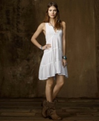 A flirty split neckline and delicate lace trim seem oh-so-sweet, but the ultra-soft slub jersey construction of this tiered racerback dress makes it the perfect backdrop for edgier fare, from Denim & Supply Ralph Lauren. A flirty split neckline and delicate lace trim seem oh-so-sweet, but the ultra-soft slub jersey construction of this tiered racerback dress makes it the perfect backdrop for edgier fare, from Denim & Supply Ralph Lauren.