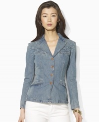 Lauren Jeans Co.'s blazer is flawlessly designed in a feminine, tailored silhouette from soft, faded and heavily distressed denim to create a beautiful vintage look with contemporary polish Lauren Jeans Co.'s blazer is flawlessly designed in a feminine, tailored silhouette from soft, faded and heavily distressed denim to create a beautiful vintage look with contemporary polish