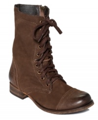 The Steve Madden Troopa Boots march to their own beat with the vintage-inspired styling of menswear-inspired details and modern attitude. The Steve Madden Troopa Boots march to their own beat with the vintage-inspired styling of menswear-inspired details and modern attitude.