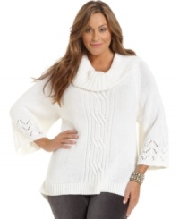 Cozy up to the chic comfort of Style&co.'s three-quarter-sleeve plus size sweater, finished by a cowl neckline and cabled front. Cozy up to the chic comfort of Style&co.'s three-quarter-sleeve plus size sweater, finished by a cowl neckline and cabled front.