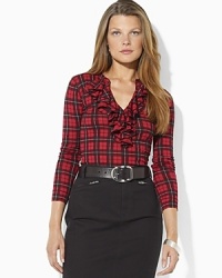 Elegant ruffles add a touch of sophistication to a plaid cotton tee, with a chic keyhole cutout at the neckline for a modern look. Elegant ruffles add a touch of sophistication to a plaid cotton tee, with a chic keyhole cutout at the neckline for a modern look.