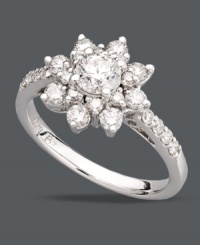 Fabulously floral. This stunning ring features an intricate flower shape decorated by sparkling, round-cut diamonds (1-1/6 ct. t.w.). Crafted in 14k white gold. Fabulously floral. This stunning ring features an intricate flower shape decorated by sparkling, round-cut diamonds (1-1/6 ct. t.w.). Crafted in 14k white gold.