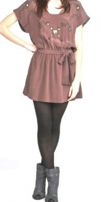 Line & Dot 100% Silk Wine Tunic/Mini Dress with Beaded Detail Line & Dot 100% Silk Wine Tunic/Mini Dress with Beaded Detail