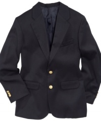 Get down to brass tacks with this simply classic blazer from Nautica in stylish stretch microfiber.Bullet(s)