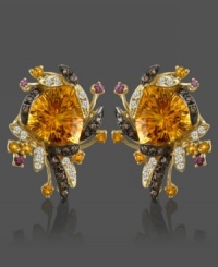 A spectacle of fiery autumn that resembles the lushest fields of fall! These 14k gold earrings feature round-cut chocolate diamonds (1/3 ct. t.w.), round-cut citrine (20-1/4 ct. t.w.), round cut garnet (1/4 ct. t.w.) and round-cut white topaz (3/8 ct. t.w.). Approximate drop: 2 inches.