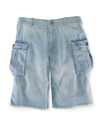 Cool cargo shorts are rendered in durable denim for a rugged look. Cool cargo shorts are rendered in durable denim for a rugged look.
