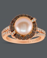A hint of sweet sophistication. Le Vian's beautiful ring highlights a pink cultured freshwater pearl (9-10 mm) encircled by chocolate diamonds (1/3 ct. t.w.) with white diamonds at the shoulders and corners (1/4 ct. t.w.). Crafted in 14k rose gold. A hint of sweet sophistication. Le Vian's beautiful ring highlights a pink cultured freshwater pearl (9-10 mm) encircled by chocolate diamonds (1/3 ct. t.w.) with white diamonds at the shoulders and corners (1/4 ct. t.w.). Crafted in 14k rose gold.