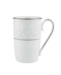 A sweet lace pattern combines with platinum borders to add graceful elegance to your tabletop. The classic shape and pristine white shade make this accent mug a timeless addition to any meal. From Lenox's dinnerware and dishes collection. A sweet lace pattern combines with platinum borders to add graceful elegance to your tabletop. The classic shape and pristine white shade make this accent mug a timeless addition to any meal. From Lenox's dinnerware and dishes collection.