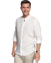 Keep it light this summer with this Perry Ellis linen shirt. Keep it light this summer with this Perry Ellis linen shirt.