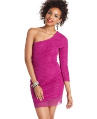 Party time: from the textured fabric to the sheer mesh accents, winning details elevate Rampage's one-shoulder dress to the highest echelon of cool! Party time: from the textured fabric to the sheer mesh accents, winning details elevate Rampage's one-shoulder dress to the highest echelon of cool!