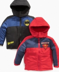 Your son will feel warm and protected wearing his favorite superhero's hooded jacket. Your son will feel warm and protected wearing his favorite superhero's hooded jacket.