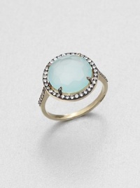 A faceted, round chalcedony stone surrounded by dazzling white sapphires set in black rhodium with a 14k gold shank. ChalcedonyWhite sapphire14k goldBlack rhodiumWidth, about .5 Made in USA A faceted, round chalcedony stone surrounded by dazzling white sapphires set in black rhodium with a 14k gold shank. ChalcedonyWhite sapphire14k goldBlack rhodiumWidth, about .5 Made in USA