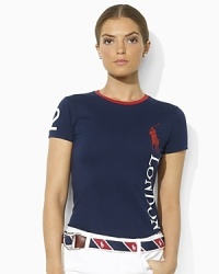 Accented with bold graphics to celebrate the 2012 Olympics, a short-sleeved crew neck tee is rendered in soft cotton jersey for lightweight comfort and style. Accented with bold graphics to celebrate the 2012 Olympics, a short-sleeved crew neck tee is rendered in soft cotton jersey for lightweight comfort and style.