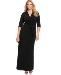 Plus size fashion that's an instant classic! A slimming faux wrap design outlines this maxi dress from NY Collection's line of plus size clothes, cinched by a belted waist. Plus size fashion that's an instant classic! A slimming faux wrap design outlines this maxi dress from NY Collection's line of plus size clothes, cinched by a belted waist.