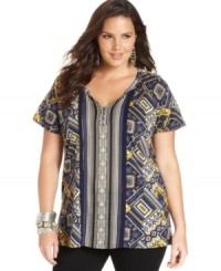 Liven up your casual bottoms with Lucky Brand Jeans' short sleeve plus size top, broadcasting a bold print! Liven up your casual bottoms with Lucky Brand Jeans' short sleeve plus size top, broadcasting a bold print!
