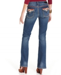 Colorful back pockets, a classic medium wash and a flattering bootcut fit make up a perfect pair of petite jeans from Seven7. Colorful back pockets, a classic medium wash and a flattering bootcut fit make up a perfect pair of petite jeans from Seven7.