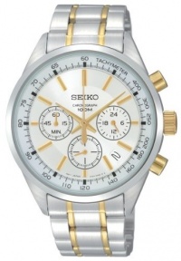 Seiko SSB043 Mens Two Tone Stainless Steel Quartz Chronograph White Dial Tachymeter Bezel