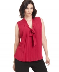 Layer your blazers with NY Collection's sleeveless plus size blouse, accented by tie neckline and pleated front. Layer your blazers with NY Collection's sleeveless plus size blouse, accented by tie neckline and pleated front.