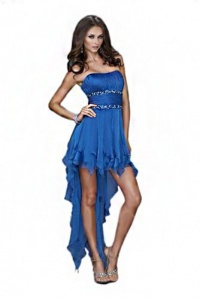 Blue Strapless Prom Dress with Ruched Bust, Sheer Chiffon Overlay Blue Strapless Prom Dress with Ruched Bust, Sheer Chiffon Overlay