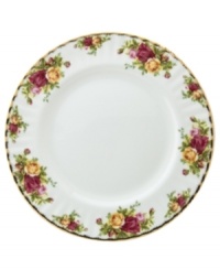 This popular bone china pattern surrounds blooming sprays of colorful English roses with hand-applied bands of 22K gold. These Royal Albert dinner plates are safe for use in the dishwasher, oven and freezer. Manufacturer's two-year warranty. This popular bone china pattern surrounds blooming sprays of colorful English roses with hand-applied bands of 22K gold. These Royal Albert dinner plates are safe for use in the dishwasher, oven and freezer. Manufacturer's two-year warranty.