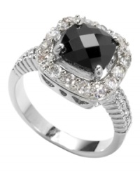 A must have for your collection, City by City's sparkling cocktail ring is a total knockout. Set in silver-plated mixed metal, a square-cut black cubic zirconia (13-3/4 ct. t.w.) shines against a halo of sparkling crystals. Size 7.