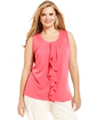 Add feminine frills to your casual wear with Jones New York Collection's sleeveless plus size top, finished by a ruffled front. Add feminine frills to your casual wear with Jones New York Collection's sleeveless plus size top, finished by a ruffled front.