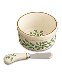 What finer things can there be than this? Part of the exquisite china from Lenox's collection of serveware and serving dishes, the Holiday dip bowl and matching spreader are sprinkled with red and green holly and trimmed in gold. What finer things can there be than this? Part of the exquisite china from Lenox's collection of serveware and serving dishes, the Holiday dip bowl and matching spreader are sprinkled with red and green holly and trimmed in gold.