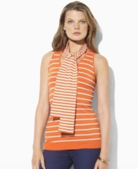Rendered in soft jersey-knit cotton with a hint of stretch, this petite V-neck top from Lauren by Ralph Lauren embodies nautical spirit with sleek stripes and a cozy attached scarf. (Clearance) Rendered in soft jersey-knit cotton with a hint of stretch, this petite V-neck top from Lauren by Ralph Lauren embodies nautical spirit with sleek stripes and a cozy attached scarf. (Clearance)