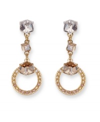 Make a shapely statement. These elegant Geometric Pierced Earrings sparkle with cubic-cut golden shadow and clear Swarovski crystals. The base of the earrings sport a ring, each with moonlight and golden shadow crystals set in pavé. Crafted in gold tone mixed metal. Approximate drop: 2 inches. Make a shapely statement. These elegant Geometric Pierced Earrings sparkle with cubic-cut golden shadow and clear Swarovski crystals. The base of the earrings sport a ring, each with moonlight and golden shadow crystals set in pavé. Crafted in gold tone mixed metal. Approximate drop: 2 inches.