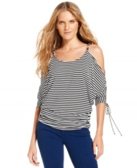 A sexy, shoulder-baring silhouette updates a classic striped tee from MICHAEL Michael Kors with a sultry, summery feel. Keep it casual with jeans or dress it up with accessories for added romance. A sexy, shoulder-baring silhouette updates a classic striped tee from MICHAEL Michael Kors with a sultry, summery feel. Keep it casual with jeans or dress it up with accessories for added romance.