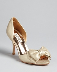 Bow, peep: these Badgley Mischka evening pumps feature elegant double bow details at each toe. Bow, peep: these Badgley Mischka evening pumps feature elegant double bow details at each toe.